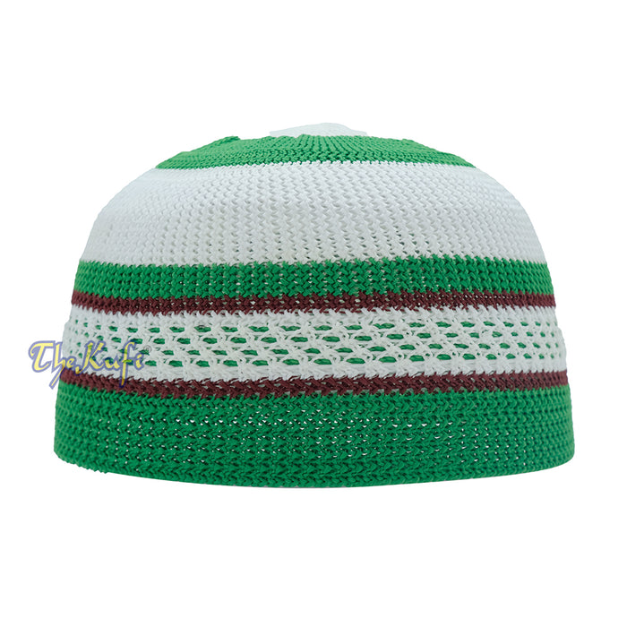 Nylon Kufi - White Green Dark Brown Stripes 3-Color Knit Skullcap Skullie Topi Cap
