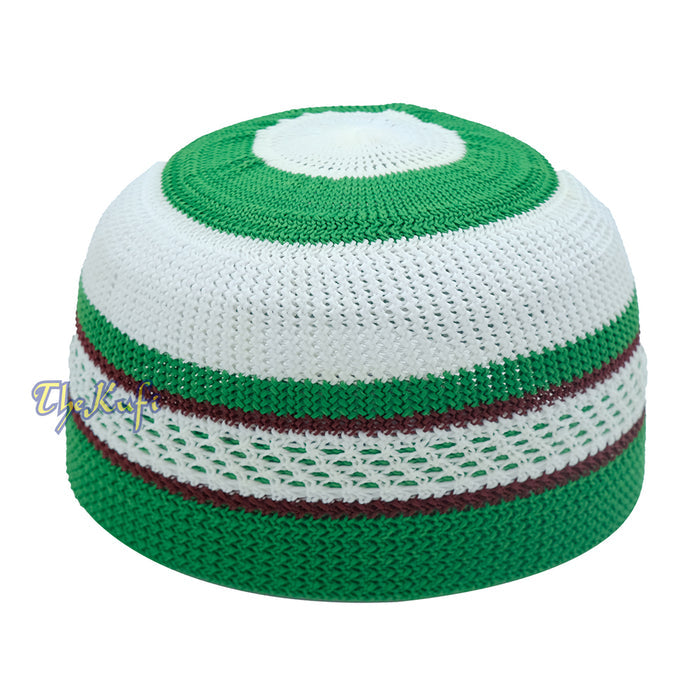 Nylon Kufi - White Green Dark Brown Stripes 3-Color Knit Skullcap Skullie Topi Cap