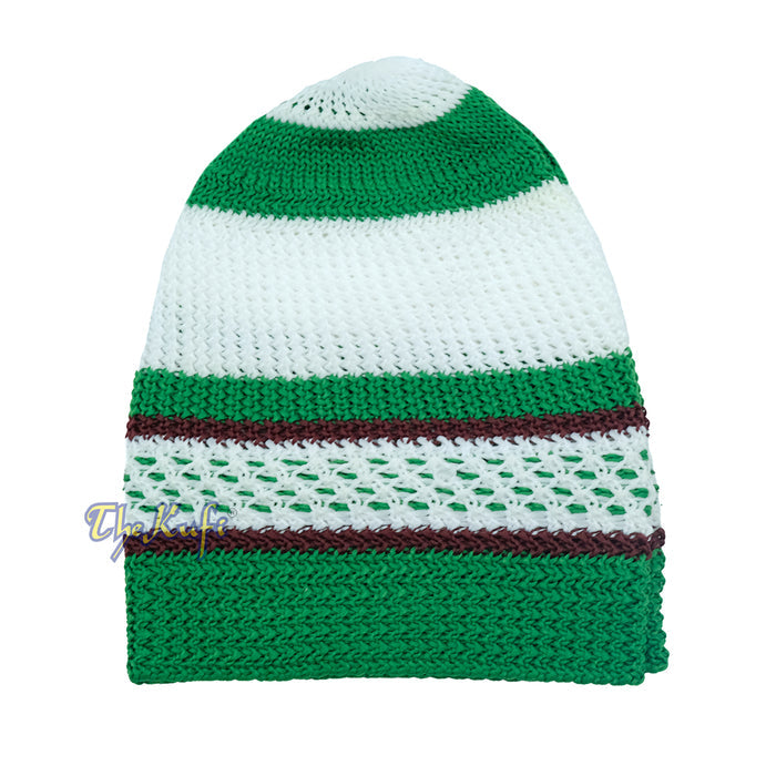 Nylon Kufi - White Green Dark Brown Stripes 3-Color Knit Skullcap Skullie Topi Cap