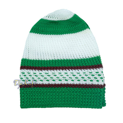 Nylon Kufi - White Green Dark Brown Stripes 3-Color Knit Skullcap Skullie Topi Cap