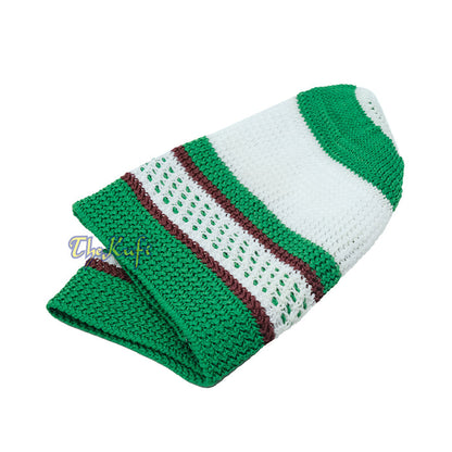Nylon Kufi - White Green Dark Brown Stripes 3-Color Knit Skullcap Skullie Topi Cap