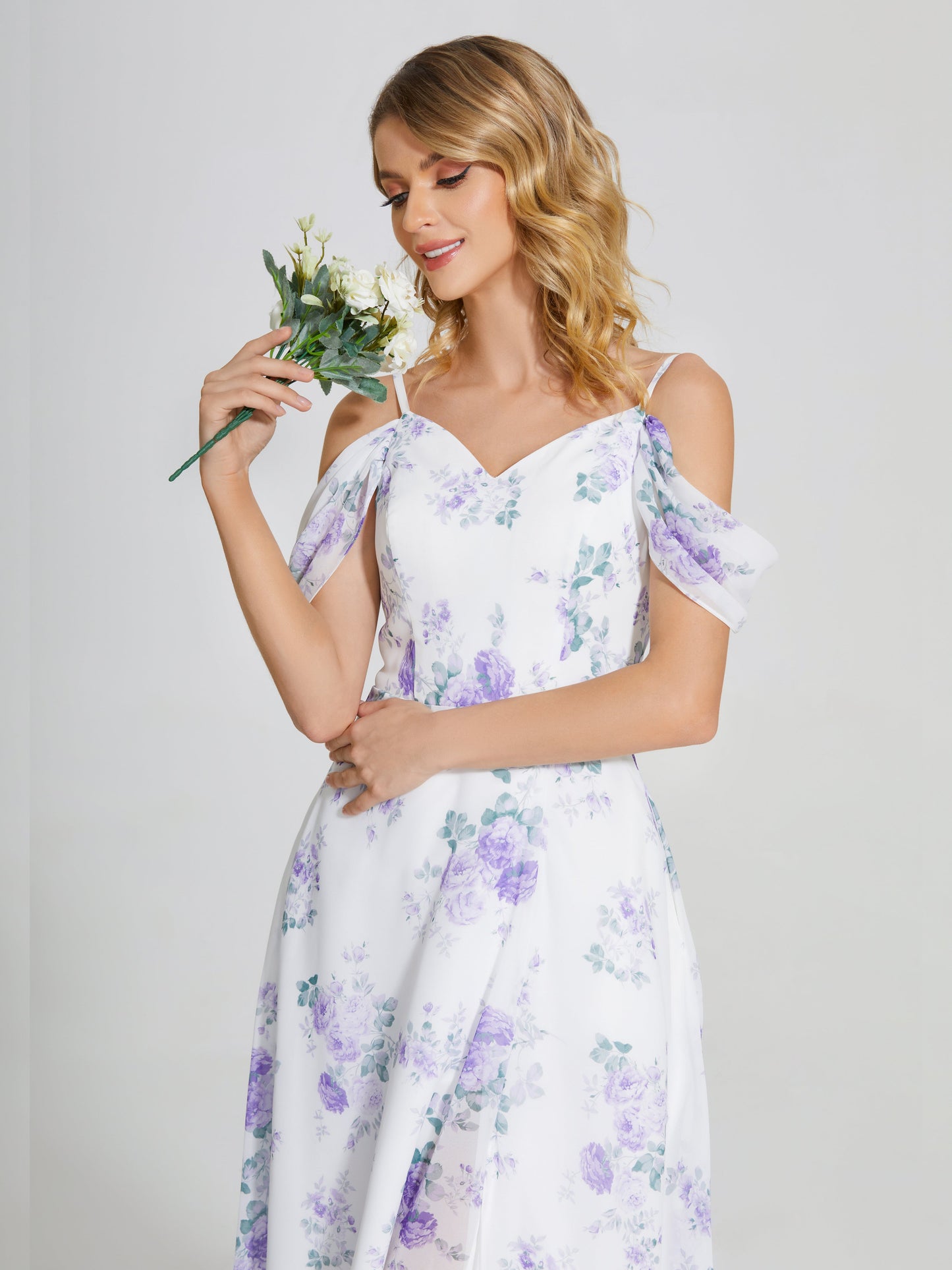 Izabella Off-Shoulder Floral Print Bridesmaid Dress