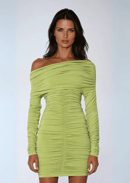Off Shoulder Ruched long sleeve Mini Dress