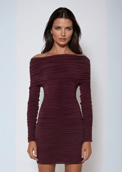 Off Shoulder Ruched long sleeve Mini Dress