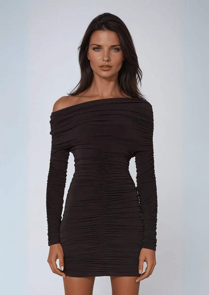 Off Shoulder Ruched long sleeve Mini Dress