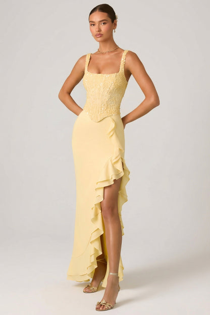 Embellished Ruffle-Trim Corset Gown in Yellow