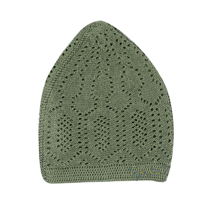 Olive Green Machine Knit Open-Work Turkish Kufi Cap