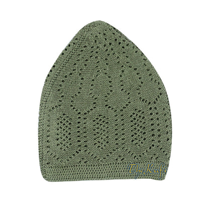 Olive Green Machine Knit Open-Work Turkish Kufi Cap