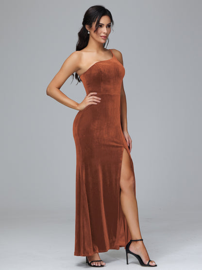 One Shoulder Velvet Bridesmaid Dress With Slit