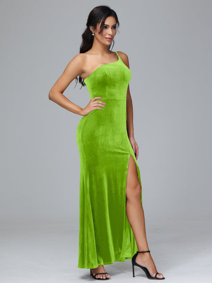One Shoulder Velvet Bridesmaid Dress With Slit
