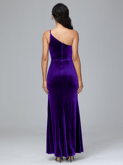 One Shoulder Velvet Bridesmaid Dress With Slit