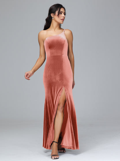 One Shoulder Velvet Bridesmaid Dress With Slit