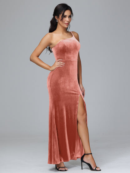 One Shoulder Velvet Bridesmaid Dress With Slit