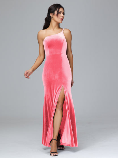 One Shoulder Velvet Bridesmaid Dress With Slit