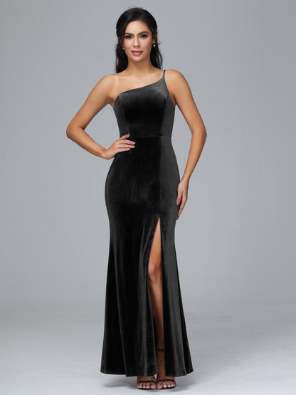 One Shoulder Velvet Bridesmaid Dress With Slit