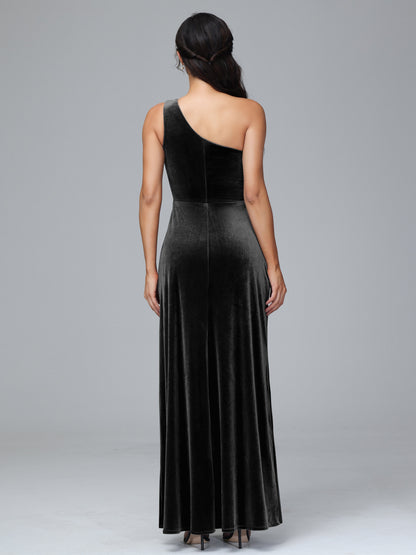 One Shoulder Plus Size Velvet Bridesmaid Dress With Slit