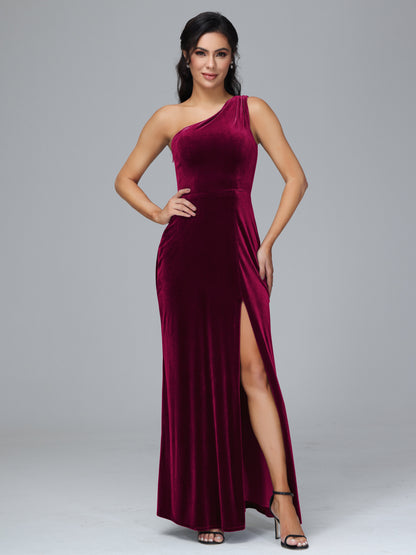 One Shoulder Velvet Bridesmaid Dress With Slit