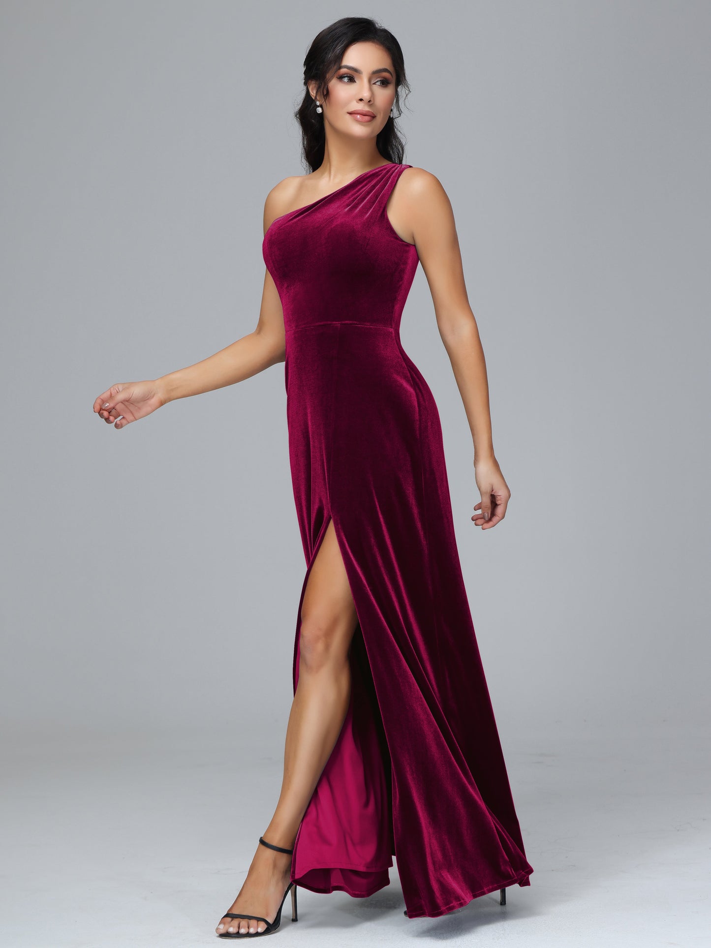 One Shoulder Velvet Bridesmaid Dress With Slit