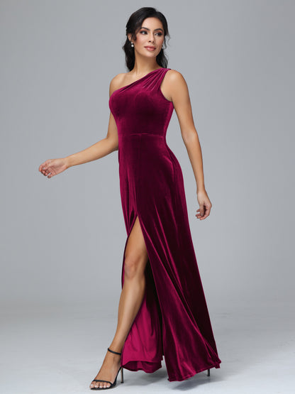 One Shoulder Plus Size Velvet Bridesmaid Dress With Slit