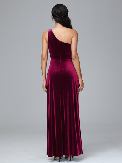 One Shoulder Plus Size Velvet Bridesmaid Dress With Slit