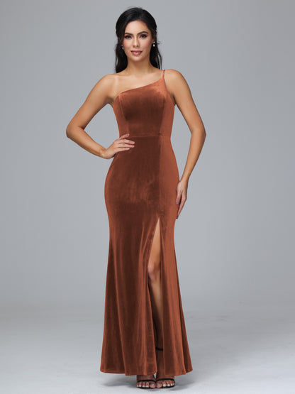 One Shoulder Velvet Bridesmaid Dress With Slit