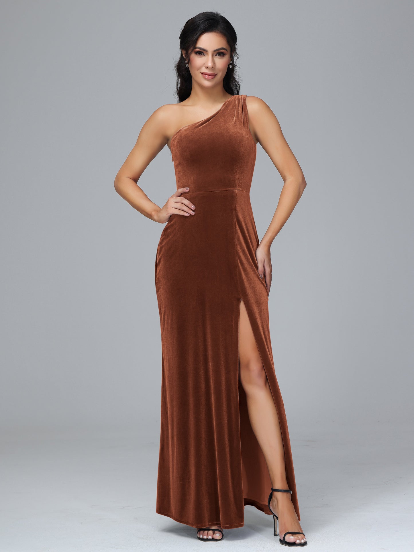 One Shoulder Plus Size Velvet Bridesmaid Dress With Slit