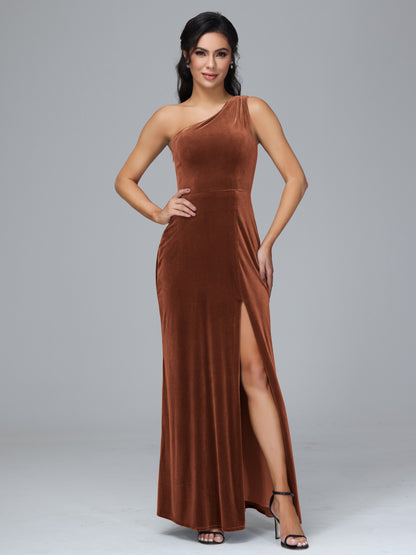 One Shoulder Plus Size Velvet Bridesmaid Dress With Slit