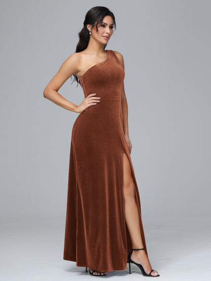 One Shoulder Plus Size Velvet Bridesmaid Dress With Slit