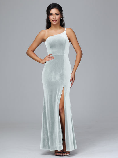 One Shoulder Velvet Bridesmaid Dress With Slit