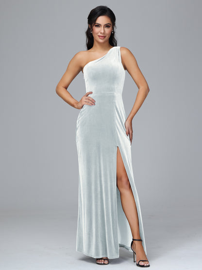 One Shoulder Plus Size Velvet Bridesmaid Dress With Slit