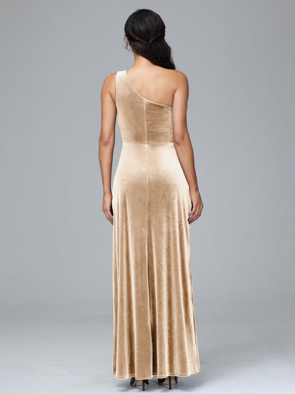 One Shoulder Velvet Bridesmaid Dress With Slit