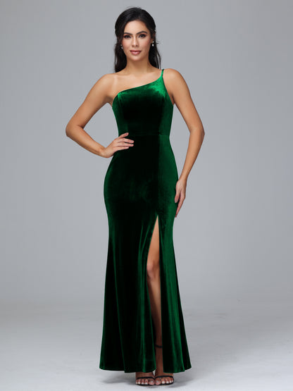 One Shoulder Velvet Bridesmaid Dress With Slit