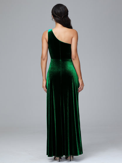 One Shoulder Plus Size Velvet Bridesmaid Dress With Slit
