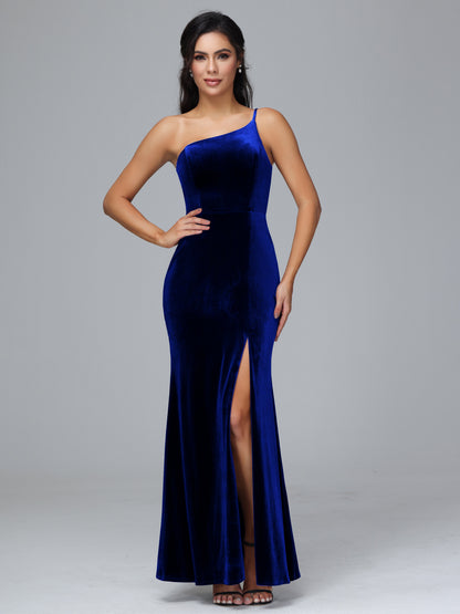 One Shoulder Velvet Bridesmaid Dress With Slit