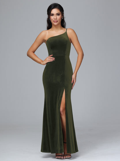 One Shoulder Velvet Bridesmaid Dress With Slit