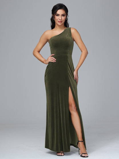 One Shoulder Velvet Bridesmaid Dress With Slit