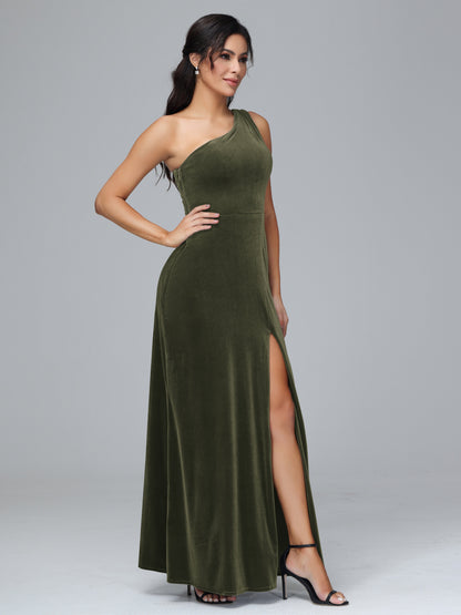 One Shoulder Plus Size Velvet Bridesmaid Dress With Slit