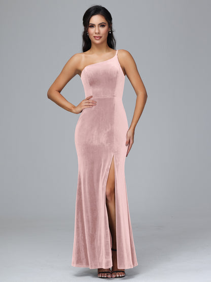 One Shoulder Velvet Bridesmaid Dress With Slit