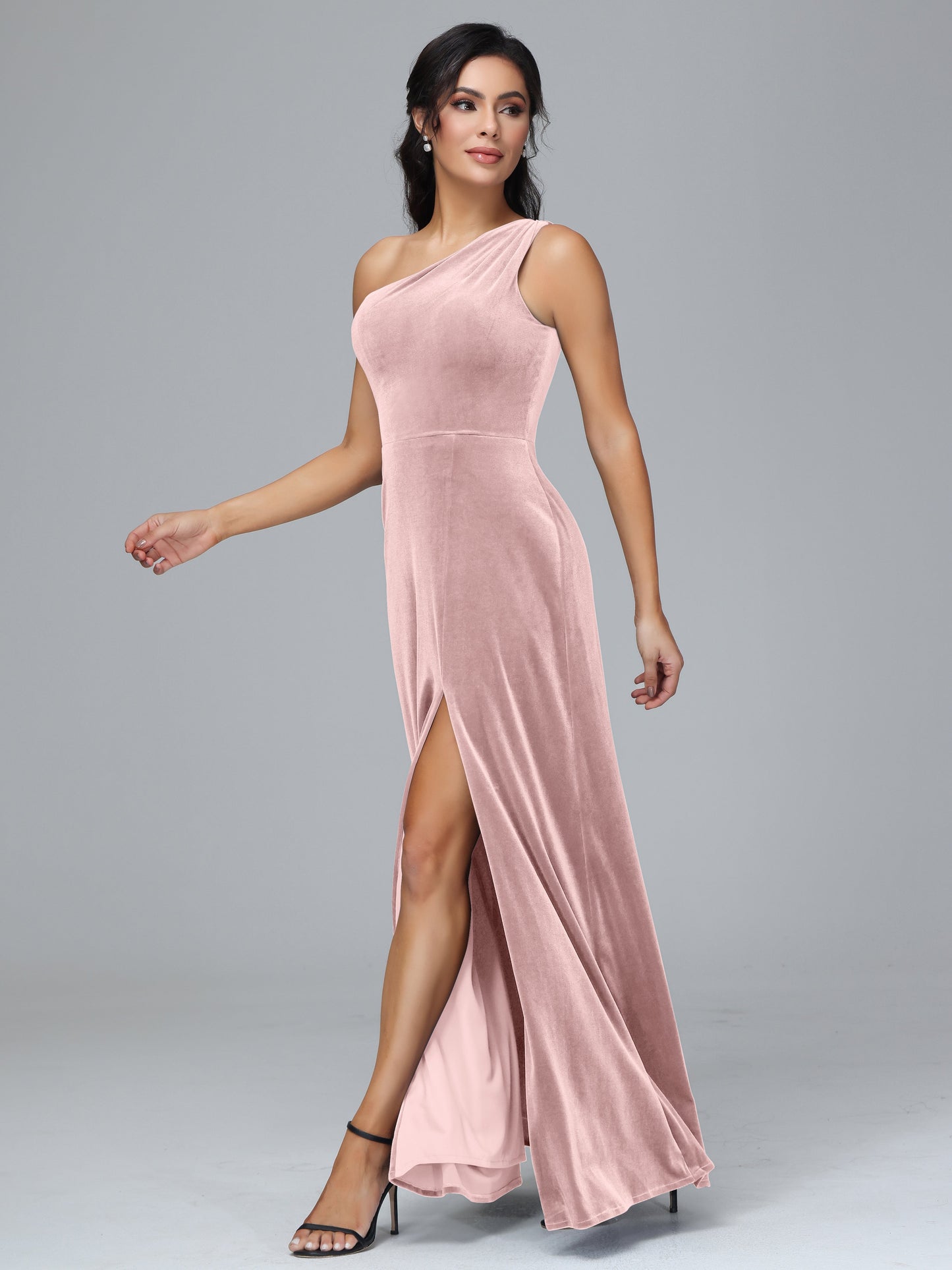 One Shoulder Velvet Bridesmaid Dress With Slit