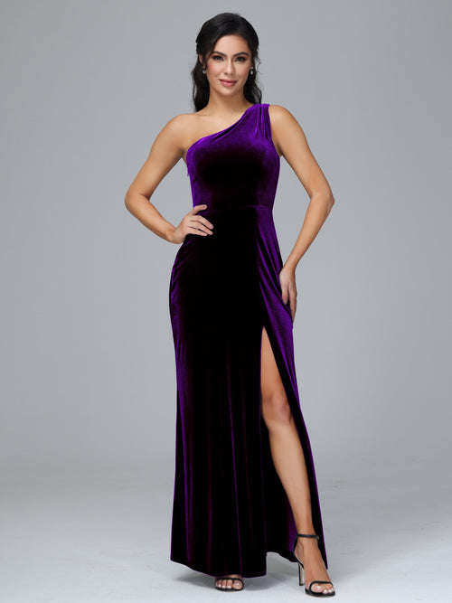 One Shoulder Velvet Bridesmaid Dress With Slit