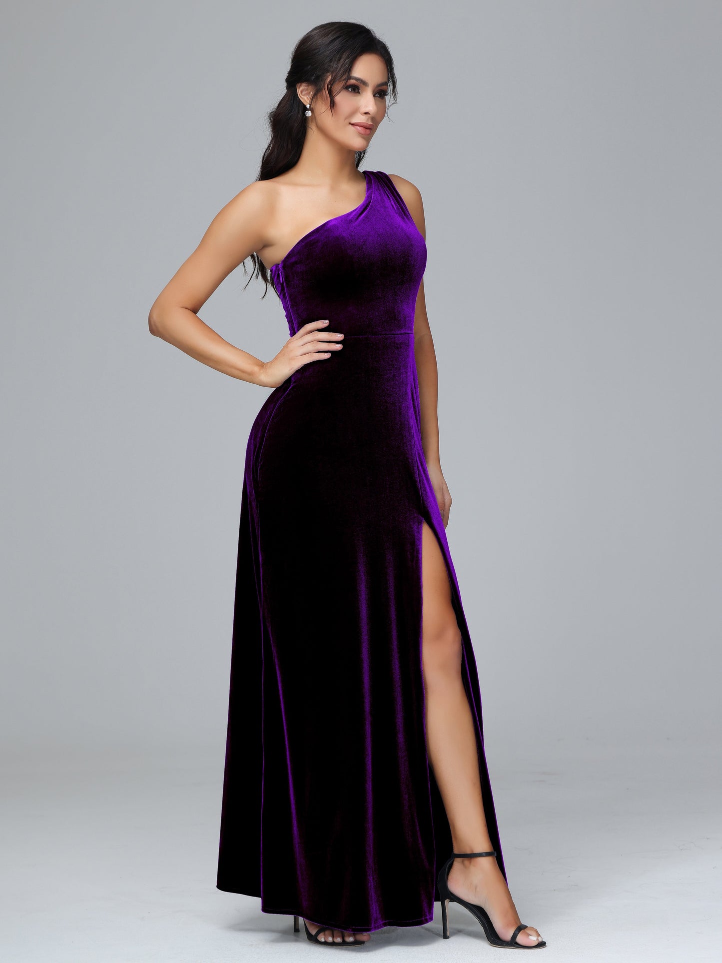 One Shoulder Plus Size Velvet Bridesmaid Dress With Slit