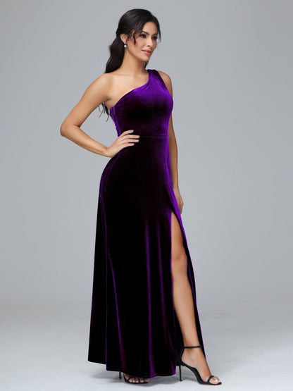One Shoulder Plus Size Velvet Bridesmaid Dress With Slit