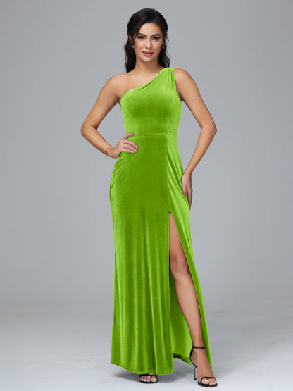 One Shoulder Plus Size Velvet Bridesmaid Dress With Slit