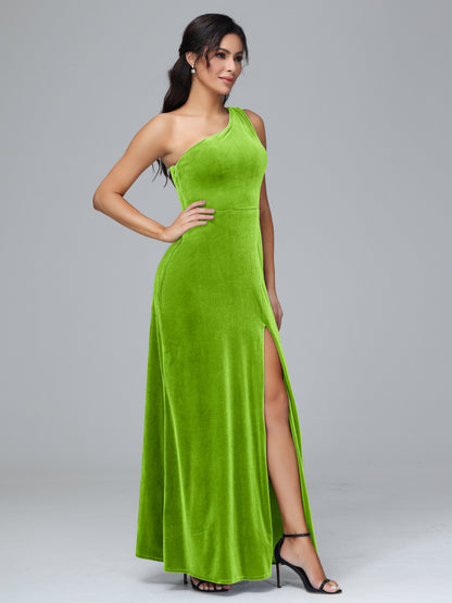 One Shoulder Plus Size Velvet Bridesmaid Dress With Slit