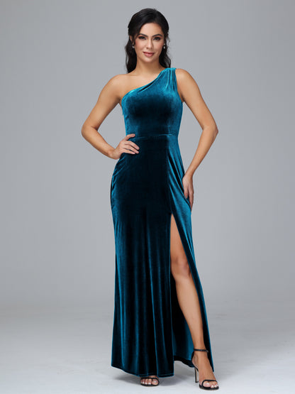 One Shoulder Plus Size Velvet Bridesmaid Dress With Slit