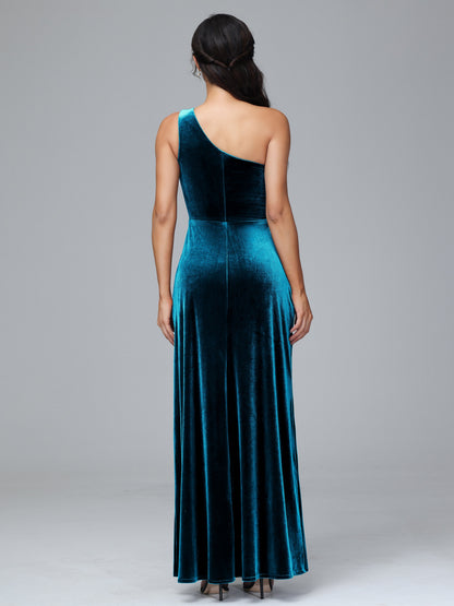 One Shoulder Plus Size Velvet Bridesmaid Dress With Slit
