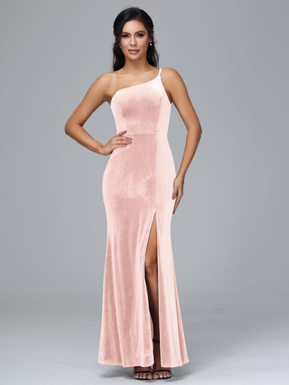One Shoulder Velvet Bridesmaid Dress With Slit