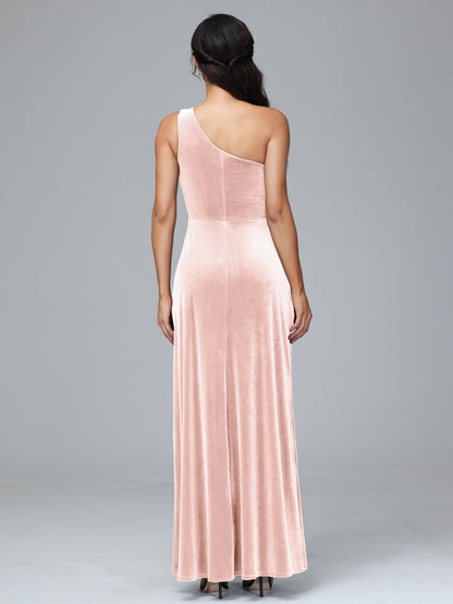 One Shoulder Plus Size Velvet Bridesmaid Dress With Slit