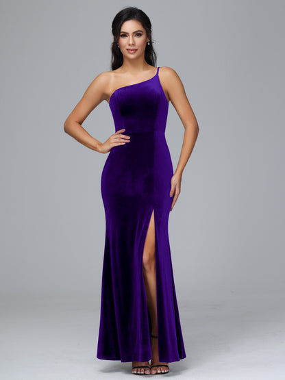 One Shoulder Velvet Bridesmaid Dress With Slit