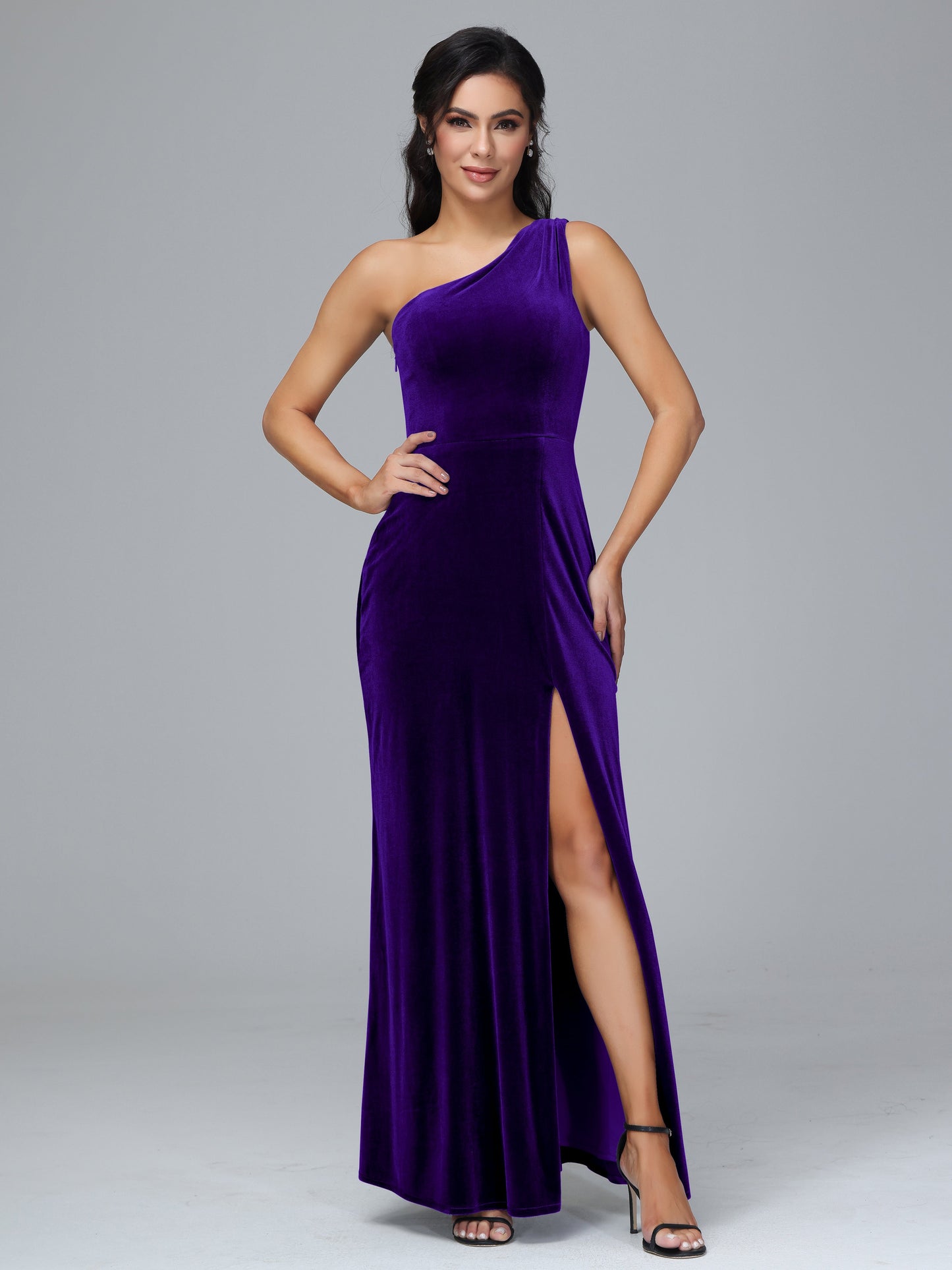 One Shoulder Plus Size Velvet Bridesmaid Dress With Slit